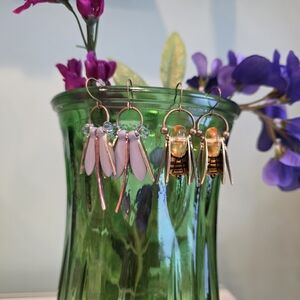 Handcrafted Pink Dragonfly and Gold Bee Drop Earrings